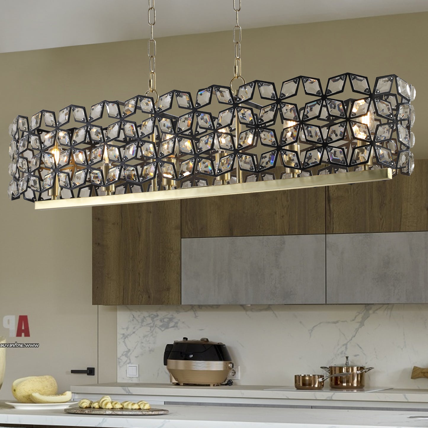 a large rectangular chandelier hanging over a kitchen counter
