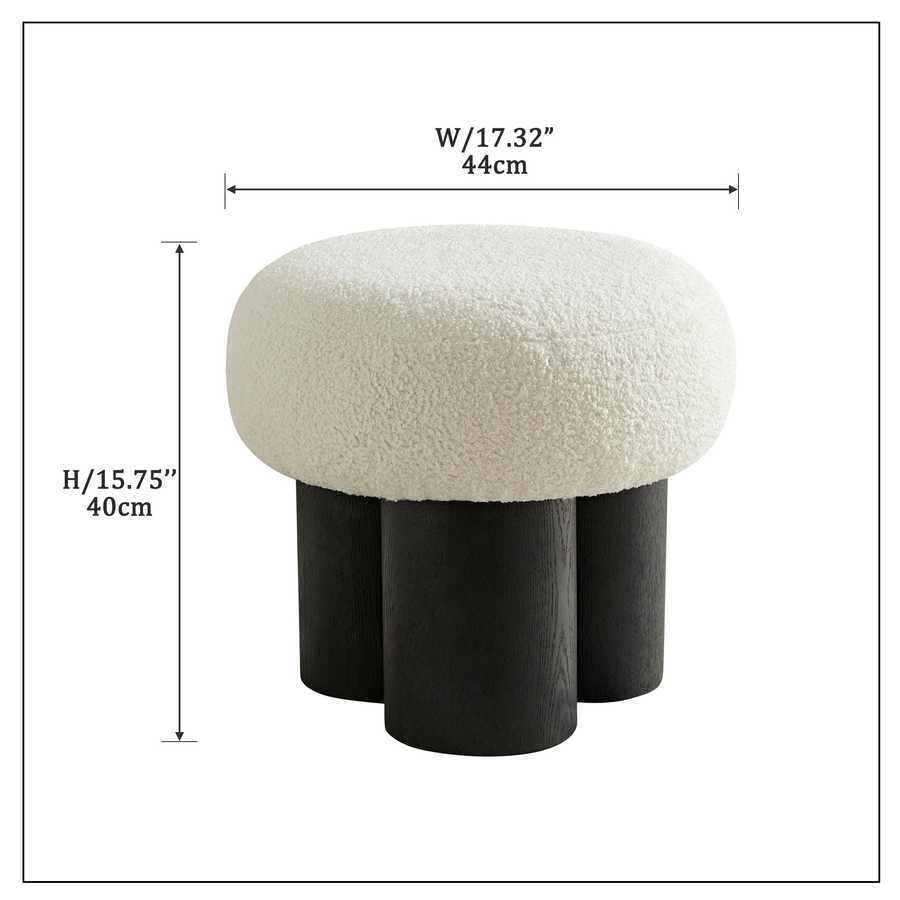 Stool with white cushioned top and black cylindrical legs, with dimensions displayed.