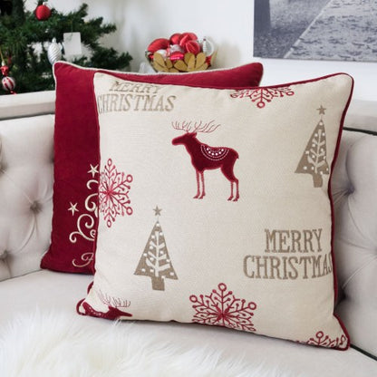 Merry Christmas Embroidered Poly Linen Throw Pillow – 20x20' Holiday Cushion with Reindeer, Trees & Snowflakes