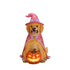 A golden retriever figurine dressed as a witch sits on a porch, wearing a pink pointed hat with a purple bow and a pink cape, with a glowing jack-o&