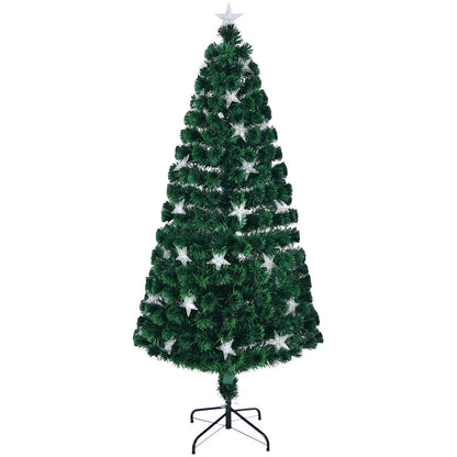 6FT Pre-lit Fiber Optic Christmas Tree with Large Stars, Artificial Christmas Tree Spruce Tree Color Changing Optical Fiber Lights,with Metal Stand,Full Tree for Holiday Decoration