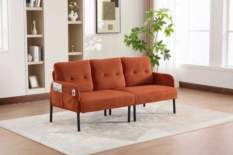 Orange sofa in a room with a rug, plant, and shelves.