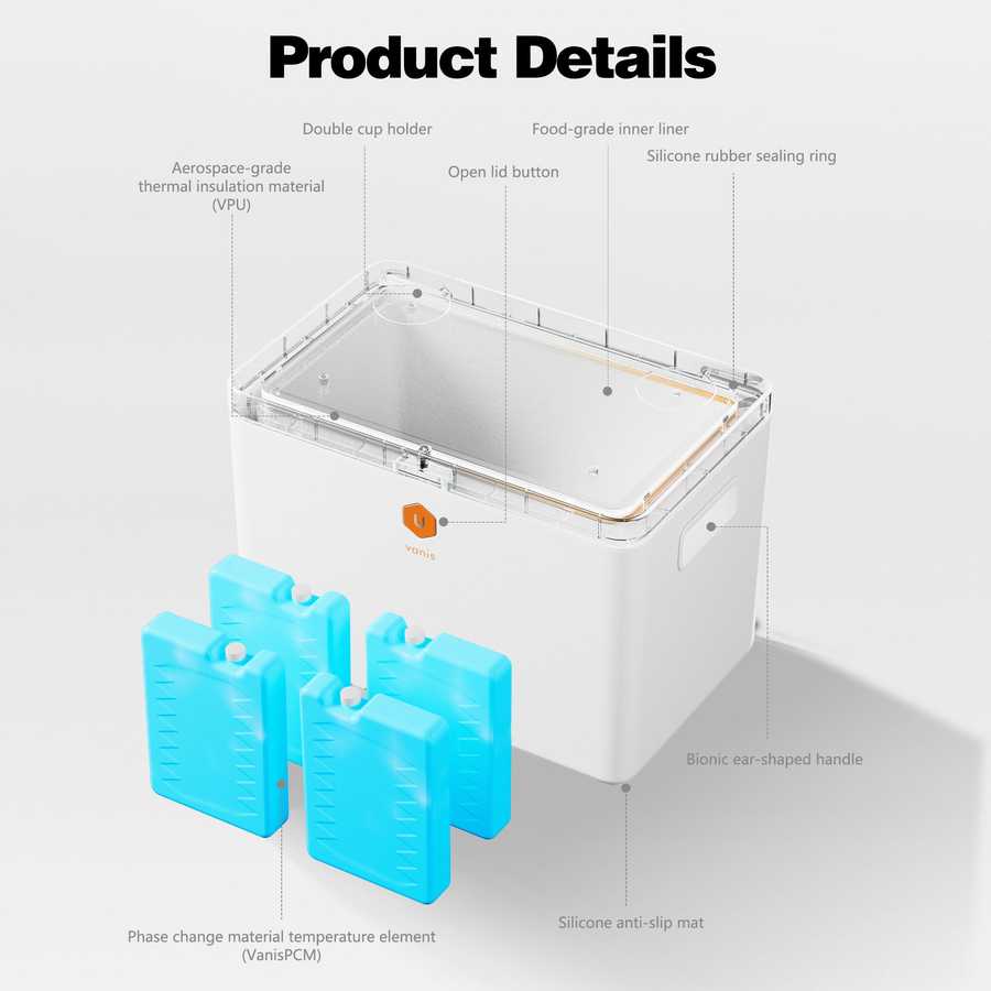 Product details of a container with labeled components on a white background