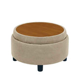 Round storage ottoman with wooden top on a white background
