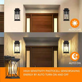 A split comparison showing a black outdoor wall sconce light fixture in two modes: &