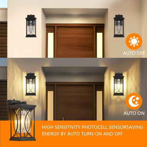A split comparison showing a black outdoor wall sconce light fixture in two modes: &