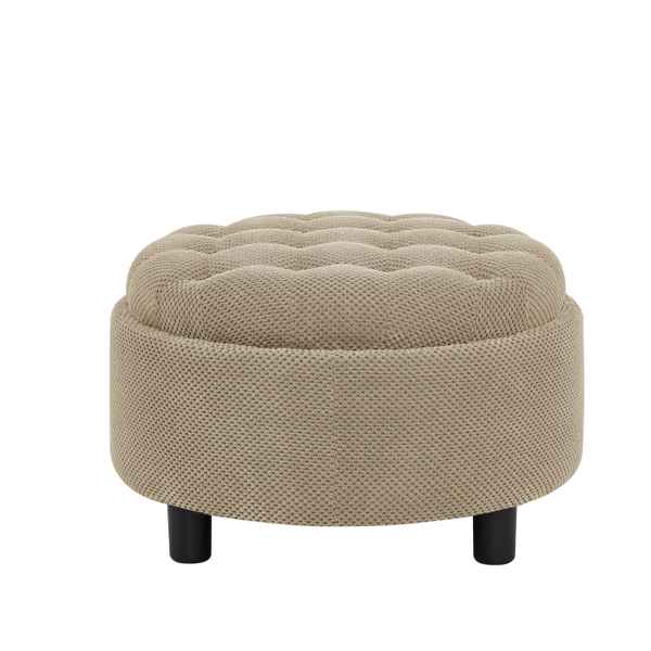 Round beige ottoman with tufted top on a white background