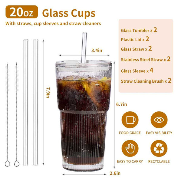 Detailed view of 20oz glass cups with lids, straws, and accessories for beverages