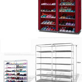 Red non-woven fabric shoe rack with 6 rows and 12 lattices shown with dimensions and frame structure, ideal for space-saving storage.