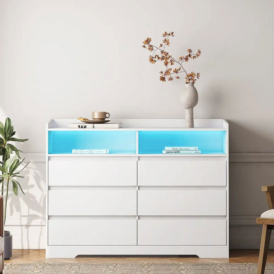 6 Drawer Dresser, White Dresser for Bedroom with LED Lights, Modern Dressers & Chests of Drawers with Sturdy Frame for Living Room MLNshops