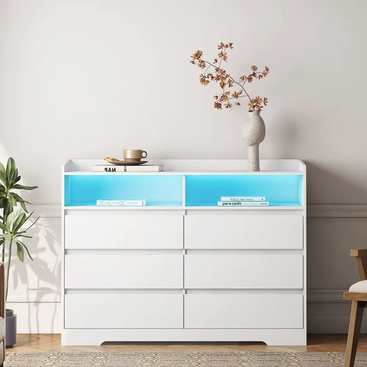 6 Drawer Dresser, White Dresser for Bedroom with LED Lights, Modern Dressers & Chests of Drawers with Sturdy Frame for Living Room MLNshops]