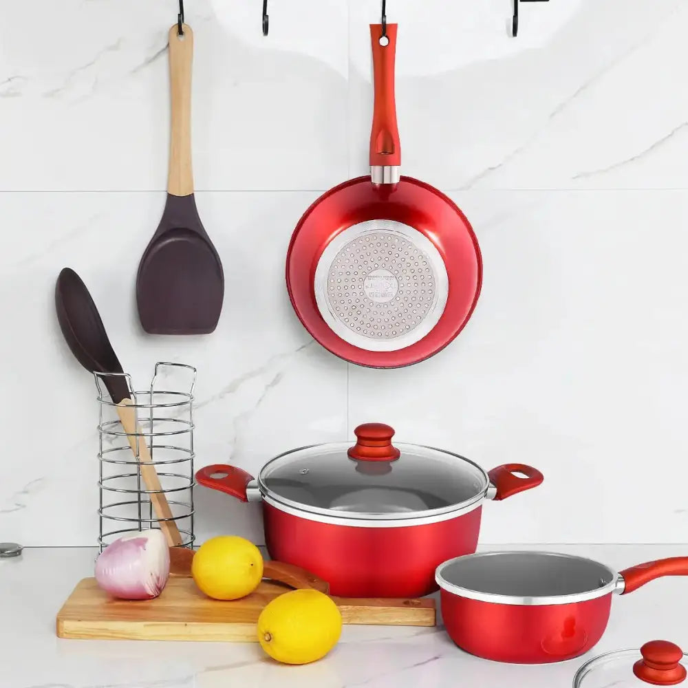 6 PCS Nonstick Cookware Set, Kitchen Cookware Set, Pan Set, Frying Pan, Stock Pot, Milk Pan with Cool Touch Handle Red MLNshops]