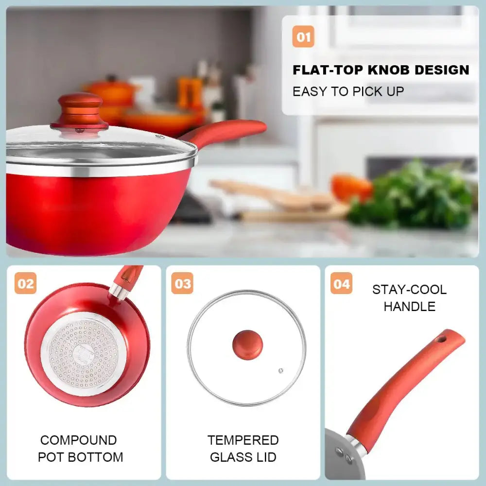 6 PCS Nonstick Cookware Set, Kitchen Cookware Set, Pan Set, Frying Pan, Stock Pot, Milk Pan with Cool Touch Handle Red MLNshops]