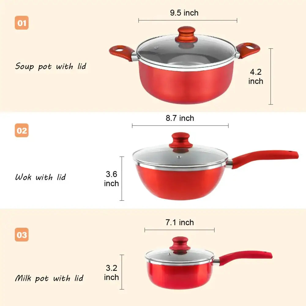 6 PCS Nonstick Cookware Set, Kitchen Cookware Set, Pan Set, Frying Pan, Stock Pot, Milk Pan with Cool Touch Handle Red MLNshops]