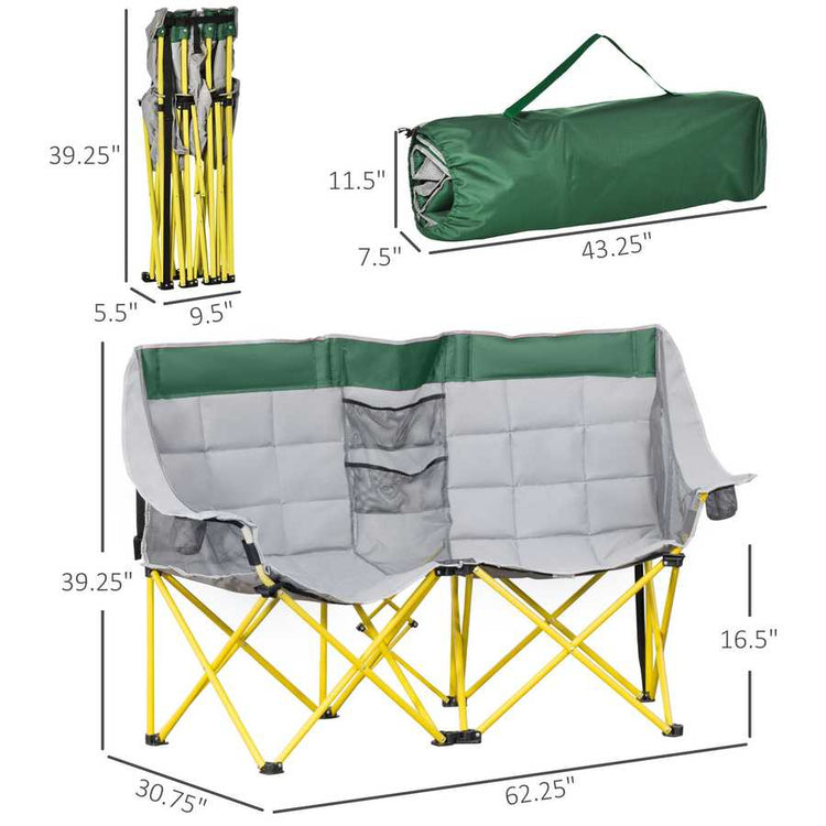 Camping chair with green and gray cover, yellow frame, and dimensions displayed.