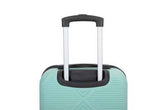 A close-up of a mint green hardshell suitcase with its telescoping handle extended, featuring a black handle grip and trim, set against a plain white background.
