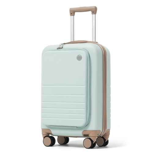 A hard-shell spinner suitcase in a pale mint green color with tan accents on the handle, zipper trim, and wheels, shown on a clean white background.