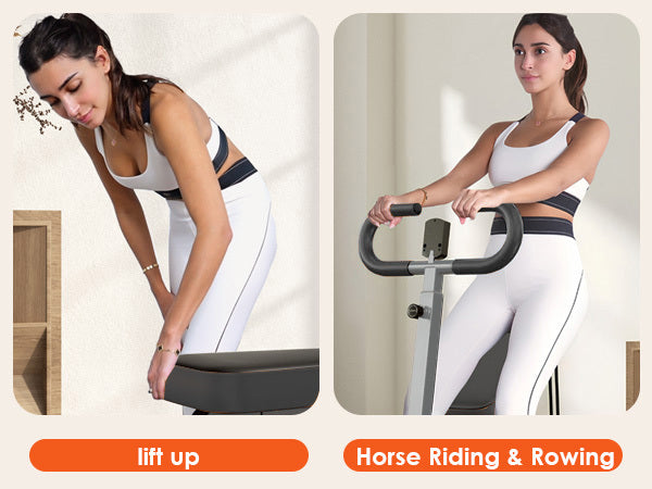 Home Gym Squat Machine used for horse riding and rowing exercises. Foldable design supports versatile strength and cardio workouts.