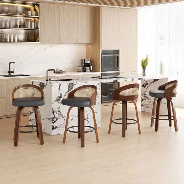 Modern kitchen with marble island and wooden cabinetry, featuring bar stools with wooden frames, cushioned seats, and adjustable height.