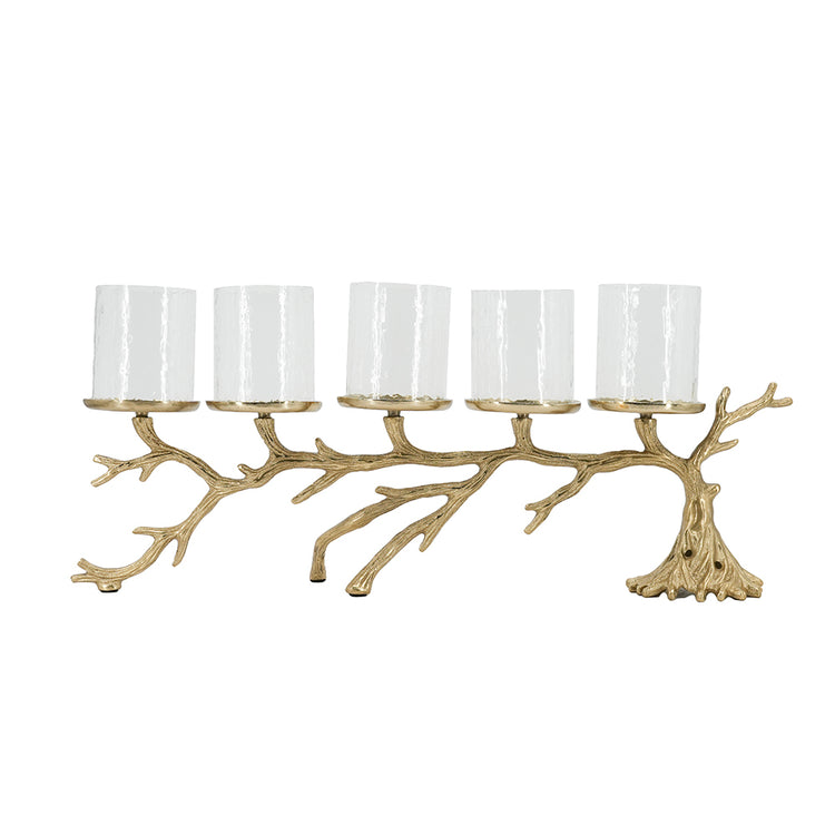 A five-light branch-style wall sconce with a metallic gold branch-shaped frame and five clear cylindrical glass shades, shown against a plain white background.