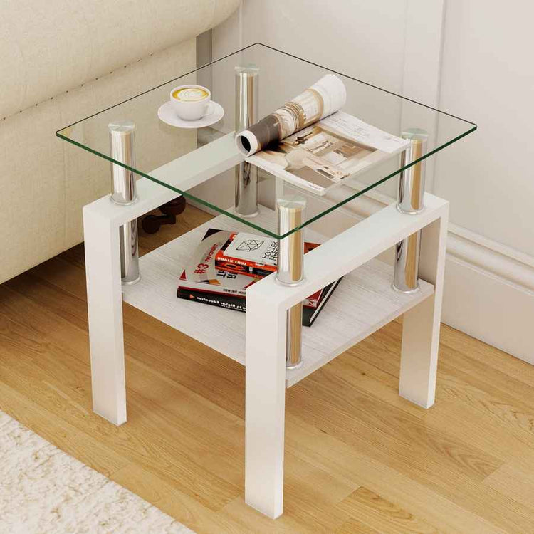 MLNshops white glass end table with shelf - Tempered