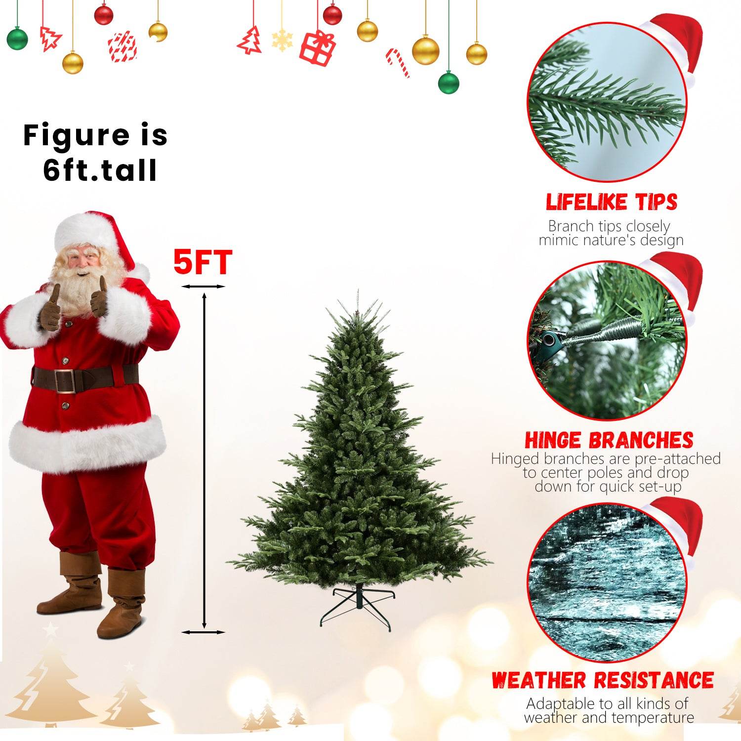 Full-Shaped 5FT Christmas Tree with 1129 Tips – PE/PVC Mixed Needles, Wide Base for Large Spaces, Hinged Structure for Easy Setup, Metal Stand for Strong Support*
