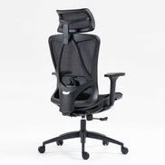 Rear angled view of ergonomic high back mesh office chair with adjustable headrest and lumbar support knob for personalized comfort.