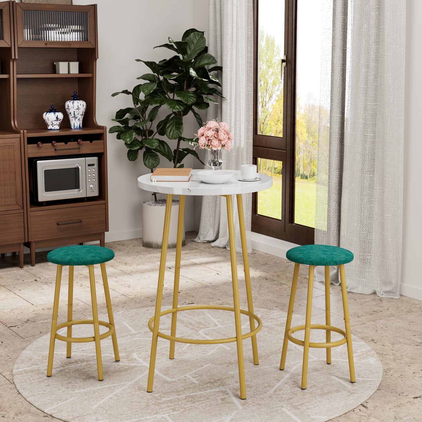 Contemporary 3-Piece Bar Table Set with Stools placed near a window, perfect for casual dining or coffee breaks.