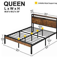 Queen Size Metal Platform Bed Frame with Wooden Headboard and Footboard with USB LINER, No Box Spring Needed, Large Under Bed Storage