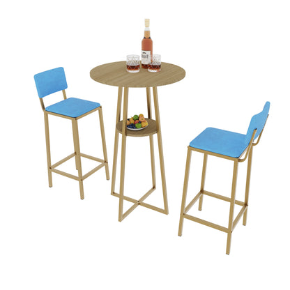 Bar Table and Chairs Set - Gold Frame, Storage Function | Dining Set for 2 featuring blue cushions and under-table shelf for functional elegance.