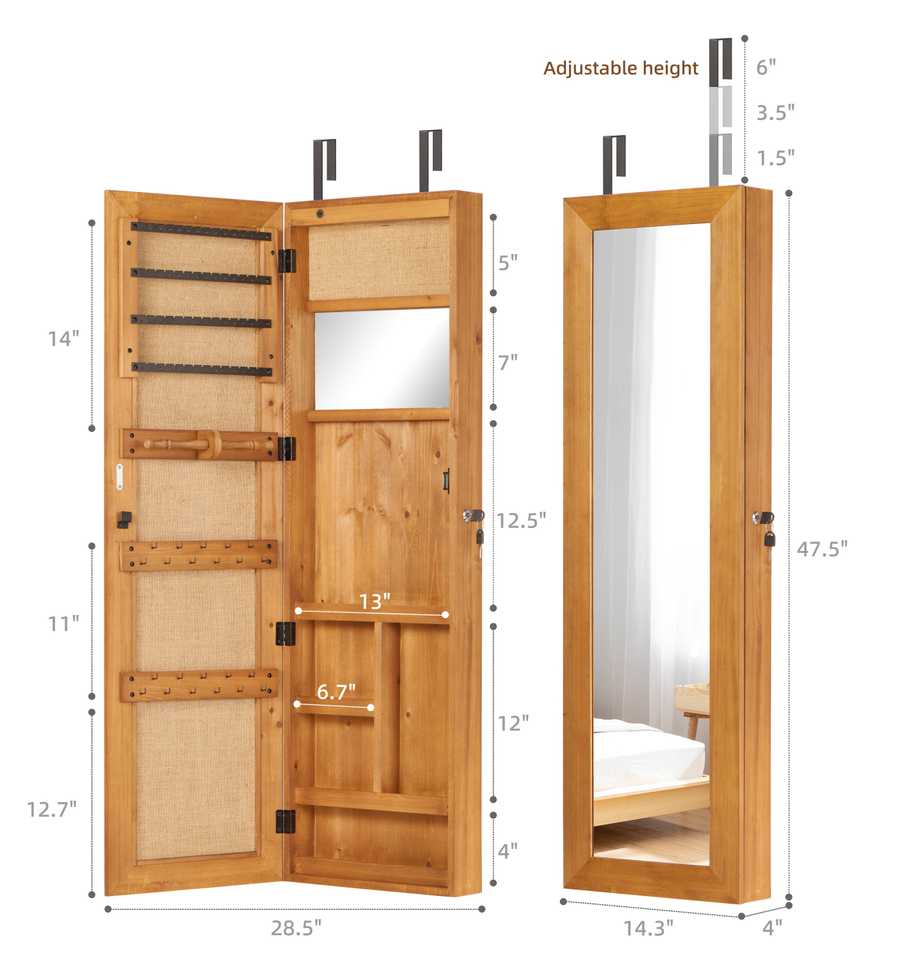 Detailed dimensions and features of jewelry armoire with adjustable mirror