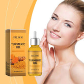 A bottle of EELHOE Turmeric Oil with a dropper next to its product box, shown next to a smiling woman touching her face, on a yellow and white background.