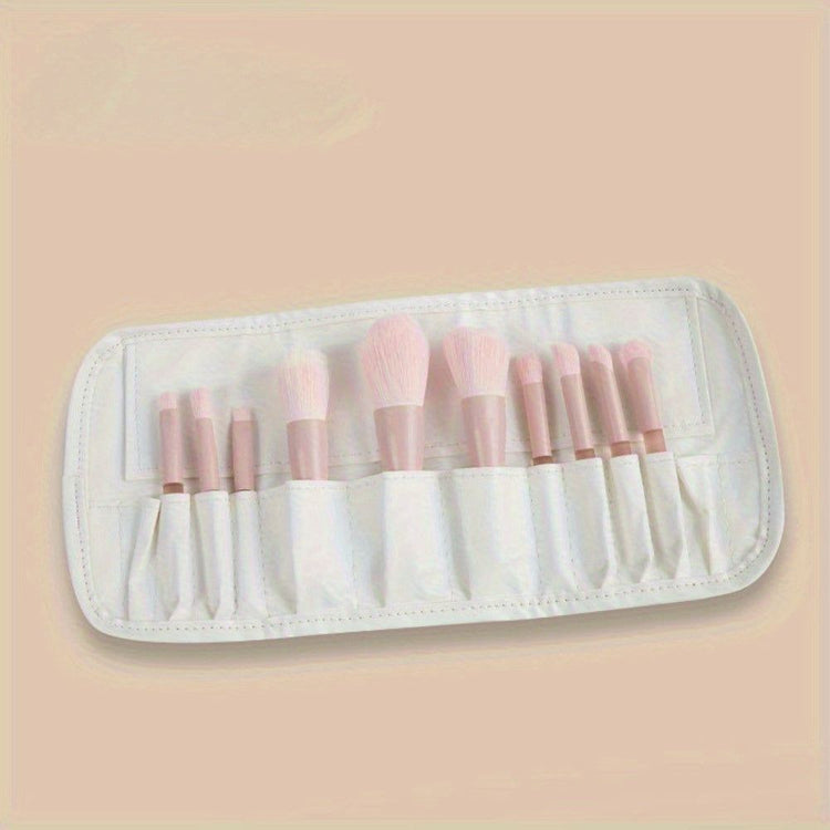 Mini Makeup Brush Set neatly organized in a white travel pouch, perfect for beginners and daily cosmetic application.