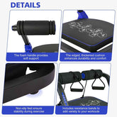 Product details of a fitness equipment with text on support, comfort, stability, and resistance bands.
