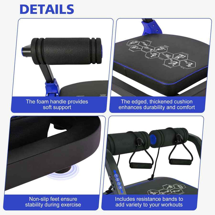 Product details of a fitness equipment with text on support, comfort, stability, and resistance bands.