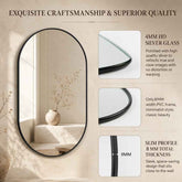 Advertisement for a round mirror with specifications on glass quality, frame thickness, and design.
