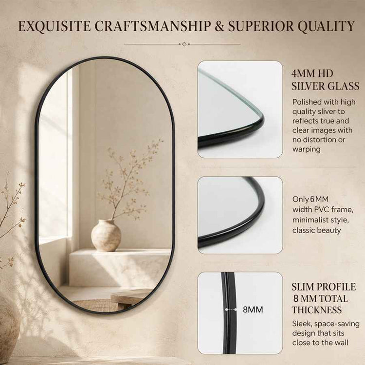 Advertisement for a round mirror with specifications on glass quality, frame thickness, and design.