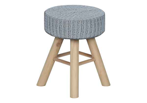 Stool with a knitted gray cushioned top and wooden legs on a white background