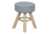 Stool with a knitted gray cushioned top and wooden legs on a white background