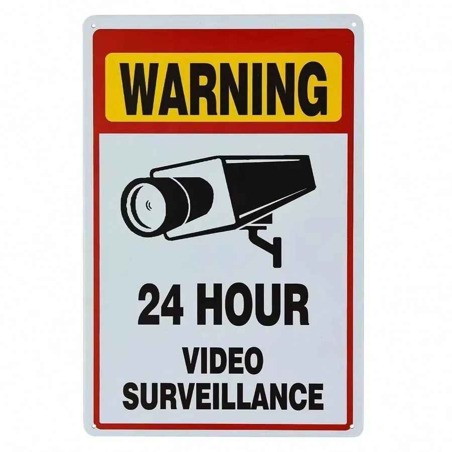 Warning sign with 24-hour video surveillance text and icon on a white background