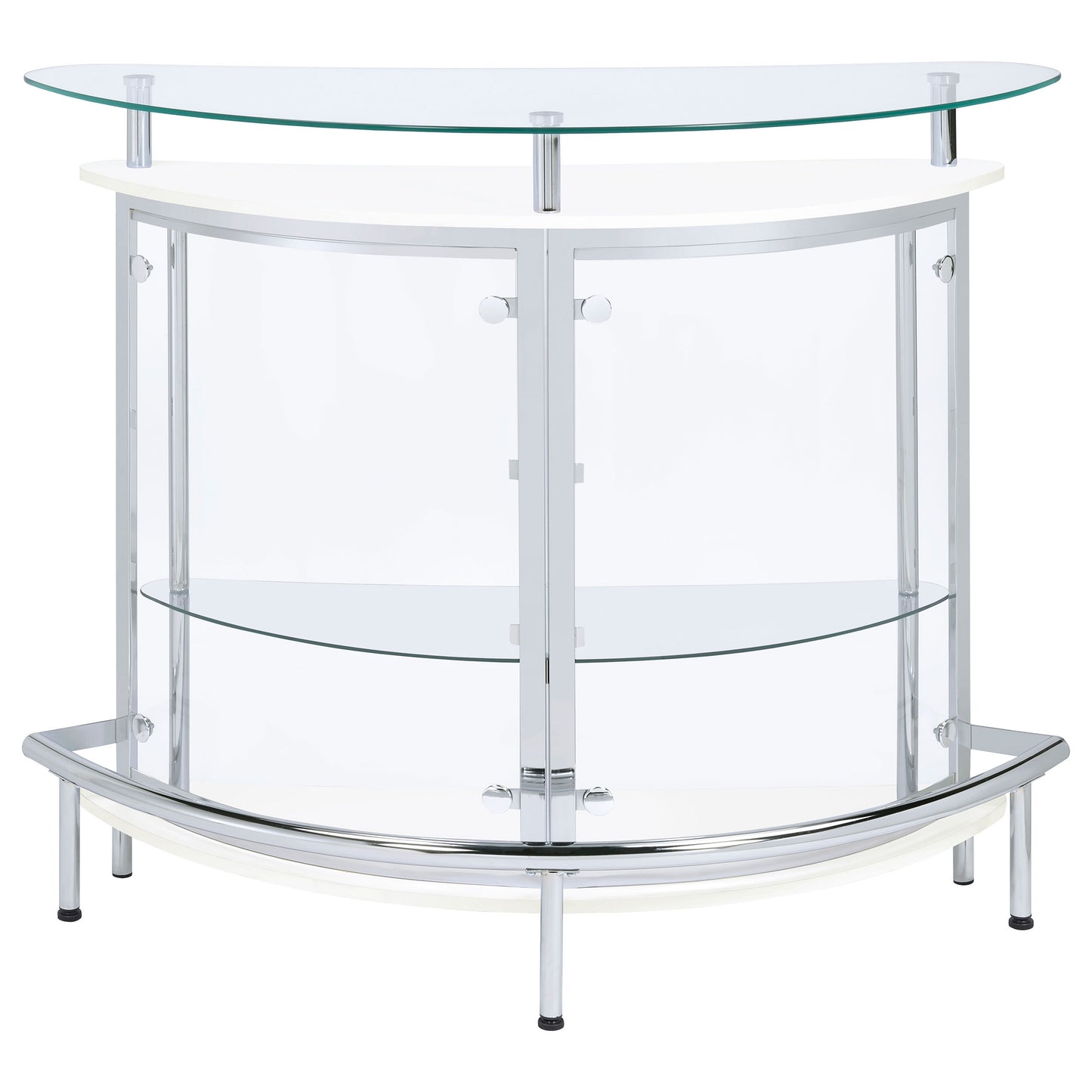 Front view of white freestanding home wine bar cabinet with glass top and chrome frame, perfect for contemporary dining spaces.