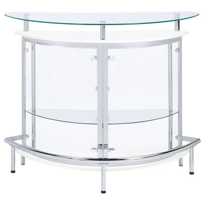 Front view of white freestanding home wine bar cabinet with glass top and chrome frame, perfect for contemporary dining spaces.