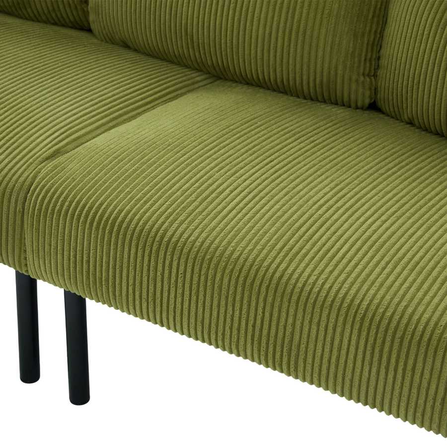 Green ribbed sofa with black legs on a white background