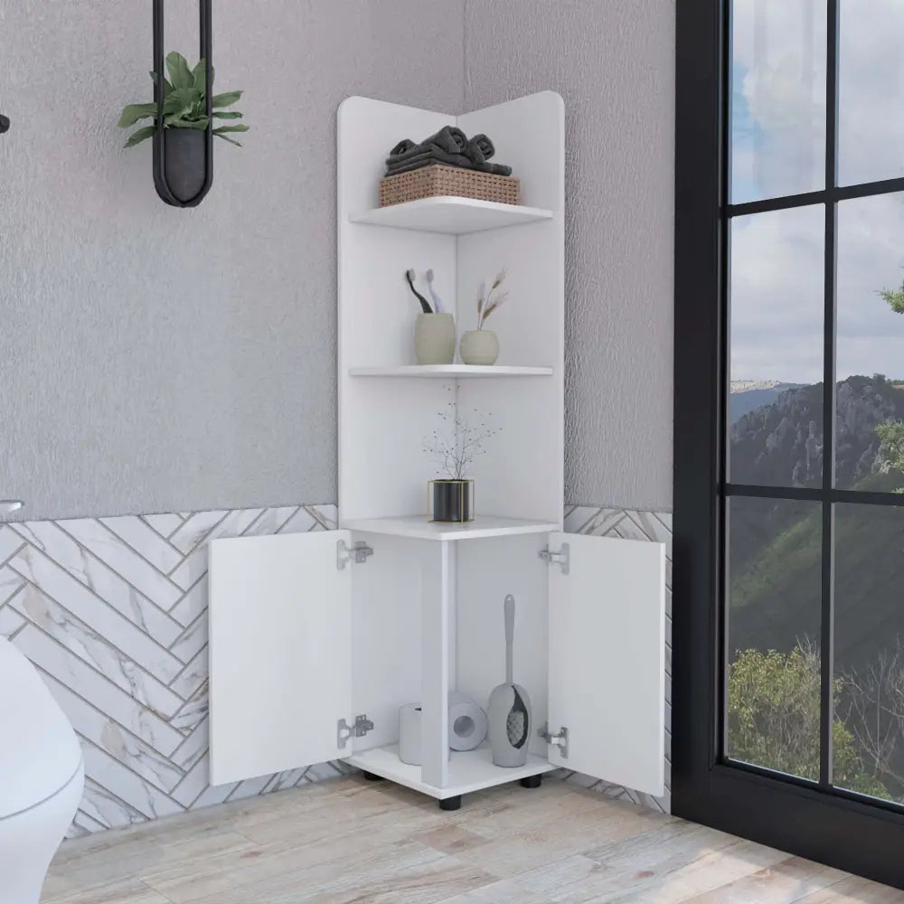 62H" Tall Corner Cabinet with 3-Tier Shelf and 2-Door, White MLNshops]