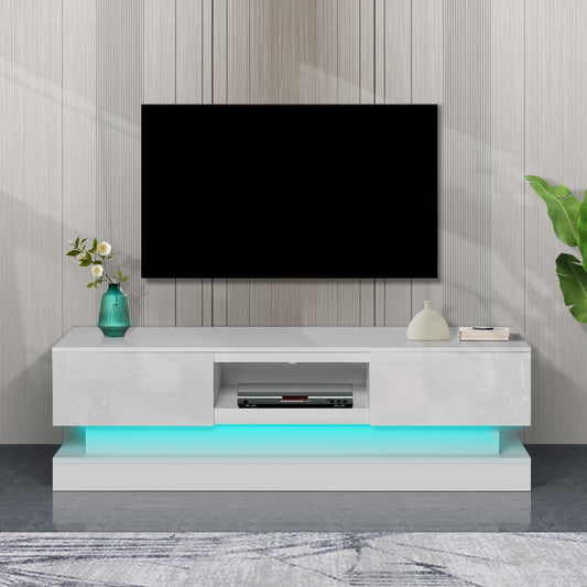 63 inches Modern and Simple Design Television Stand Organizing Cabinet with LED Light- White