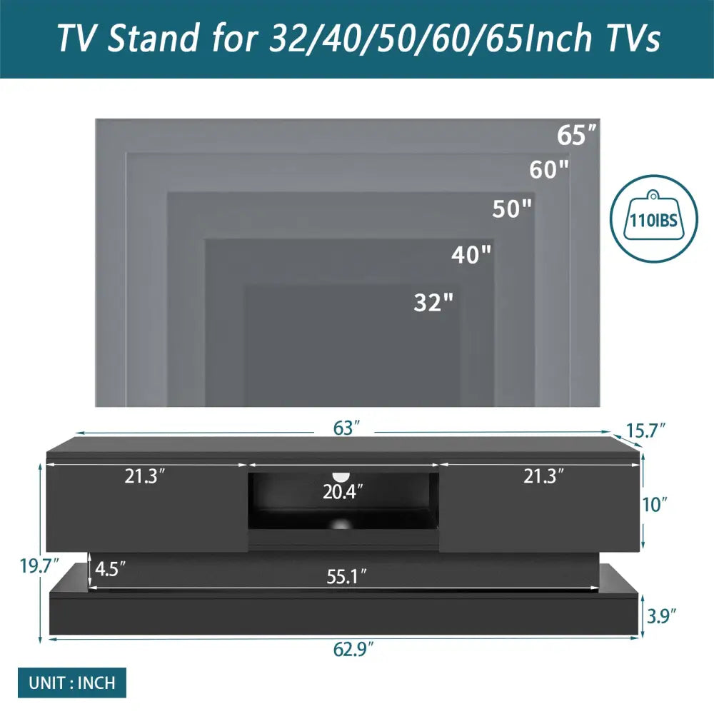 63 inches Modern and Simple Design Television Stand Organizing Cabinet with LED Light- Black MLNshops]