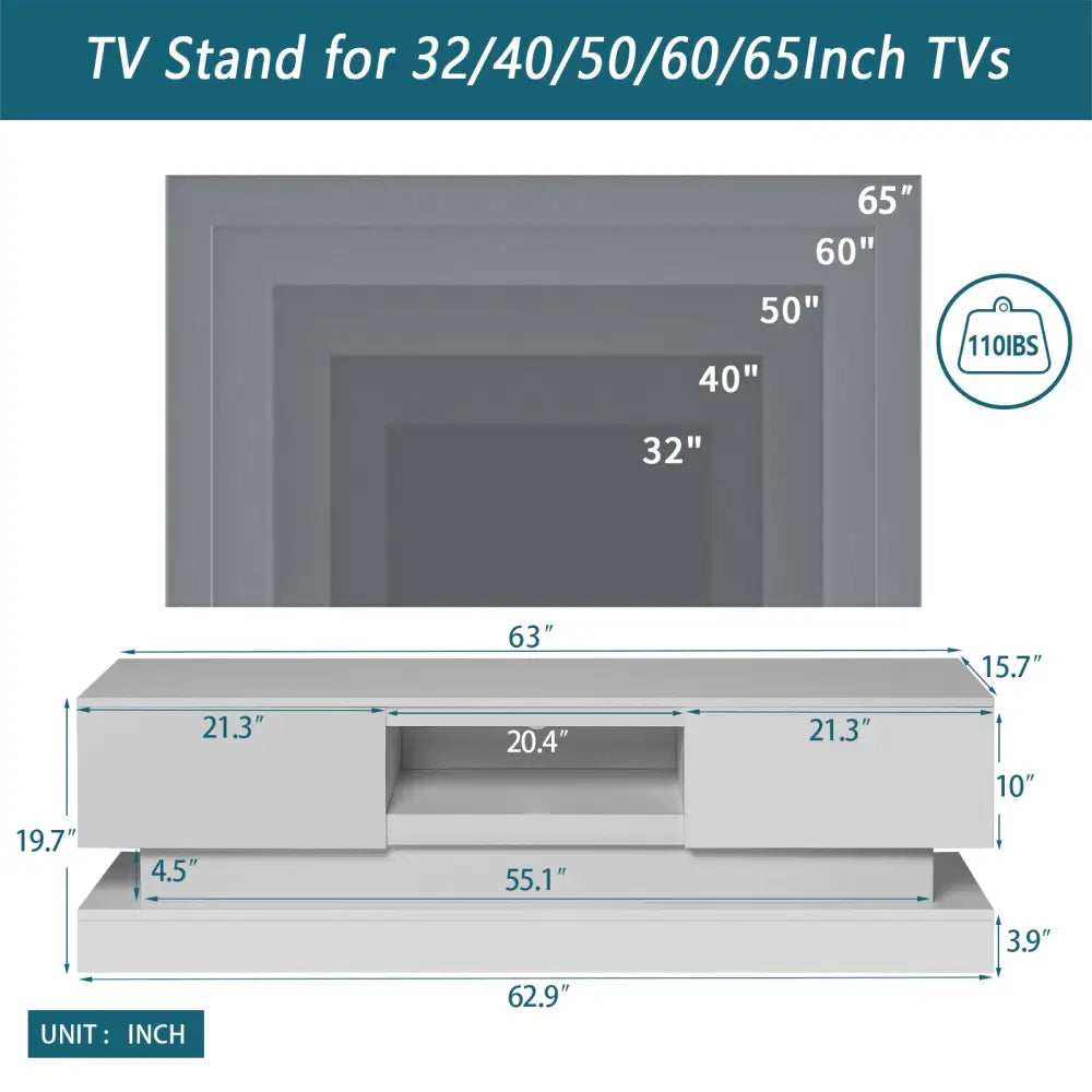 63 inches Modern and Simple Design Television Stand Organizing Cabinet with LED Light- White MLNshops]