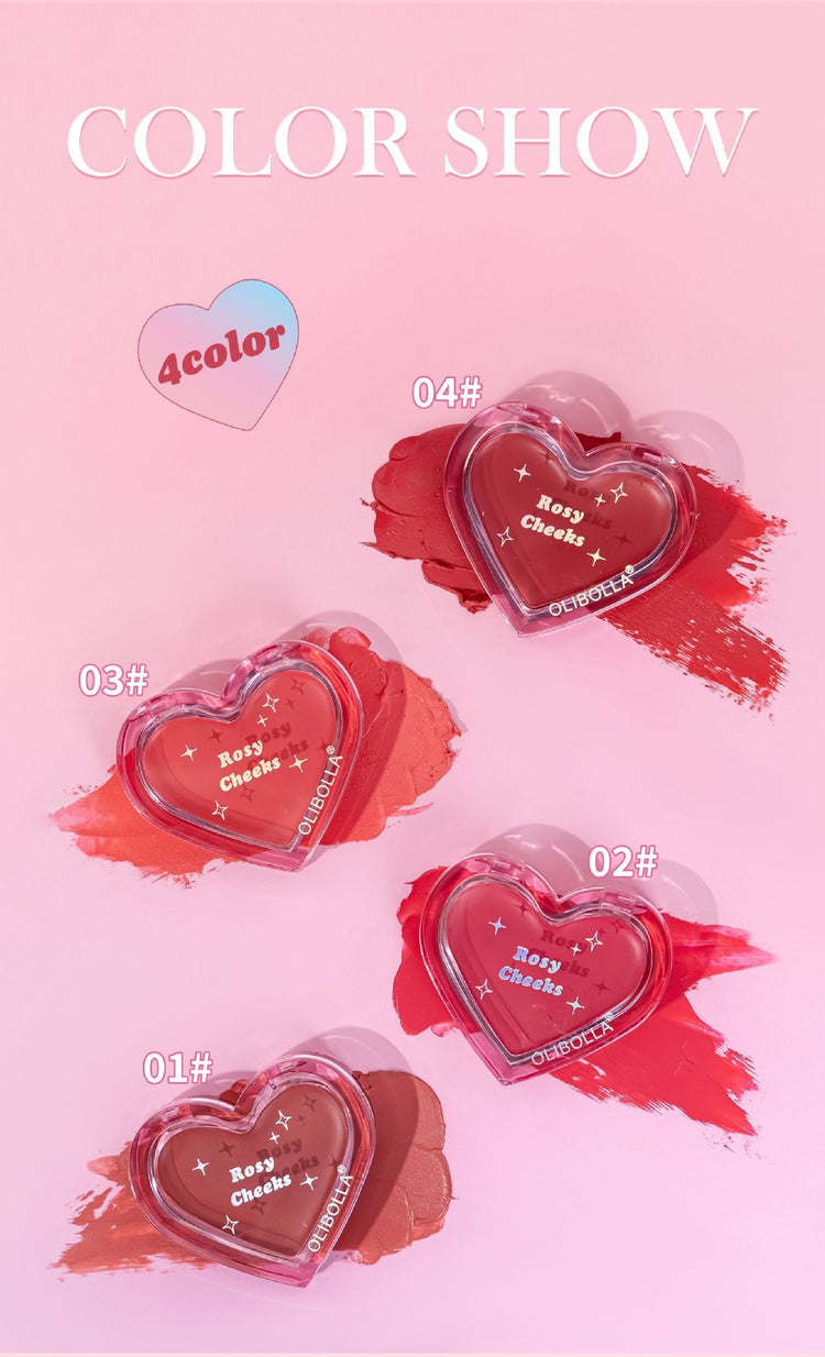 Four heart-shaped lip gloss tubes labeled 01