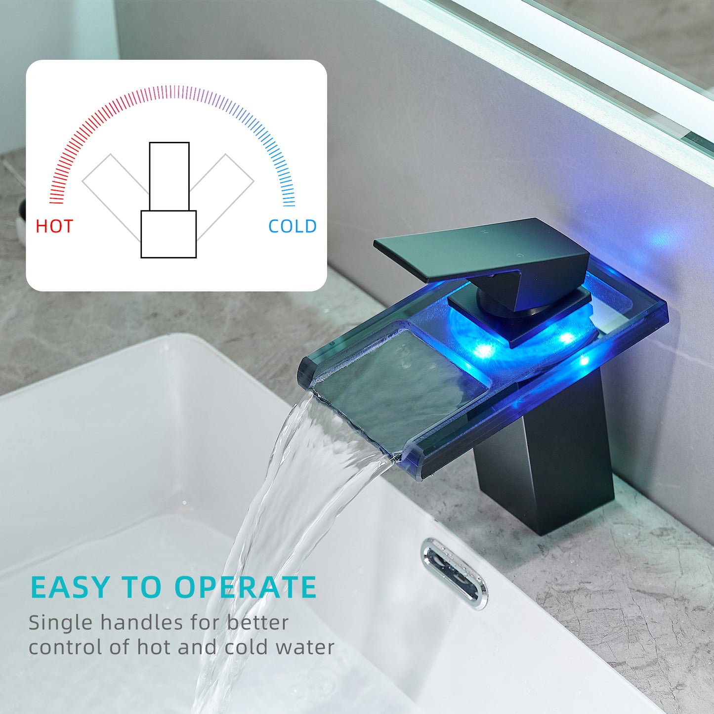 Bathroom Sink Faucet LED Light 3 Colors Changing Waterfall Glass Spout Hot Cold Water Mixer Single Handle One Hole Deck Mounted Bathroom MLNshops]