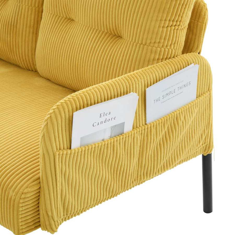 Yellow textured sofa with magazine holder on a white background